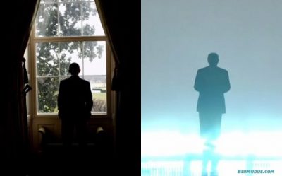 Barack Obama looking out of the window at the White House; the shiny figure of Donald Trump emerging