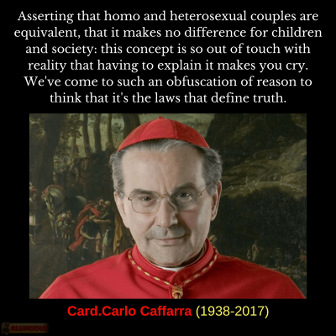 Asserting that homo and heterosexual couples are equivalent, that it makes no difference for children and society: this concept is so out of touch with reality that having to explain it makes you cry. We've come to such an obfuscation of reason to think that it's the laws that define truth. Card.Carlo Caffarra (1938-2017)
