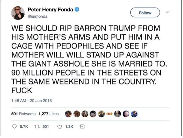 Actor Peter Fonda savagely attacking the President by suggesting to put his son in a cage with pedophiles.