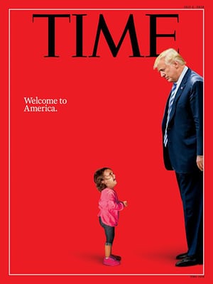 Time cover, Donald Trump looking down on crying child (fair use: critique)