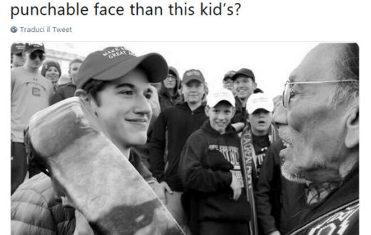 Reza Aslan on Twitter commenting on the photo of the elder Native American harassing the smiling Catholic boy: suggesting the boy should be punched