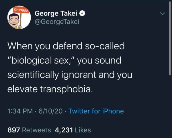 George Takei tweets against the concept of "biological sex", as if recognizing its existence encouraged "transphobia"